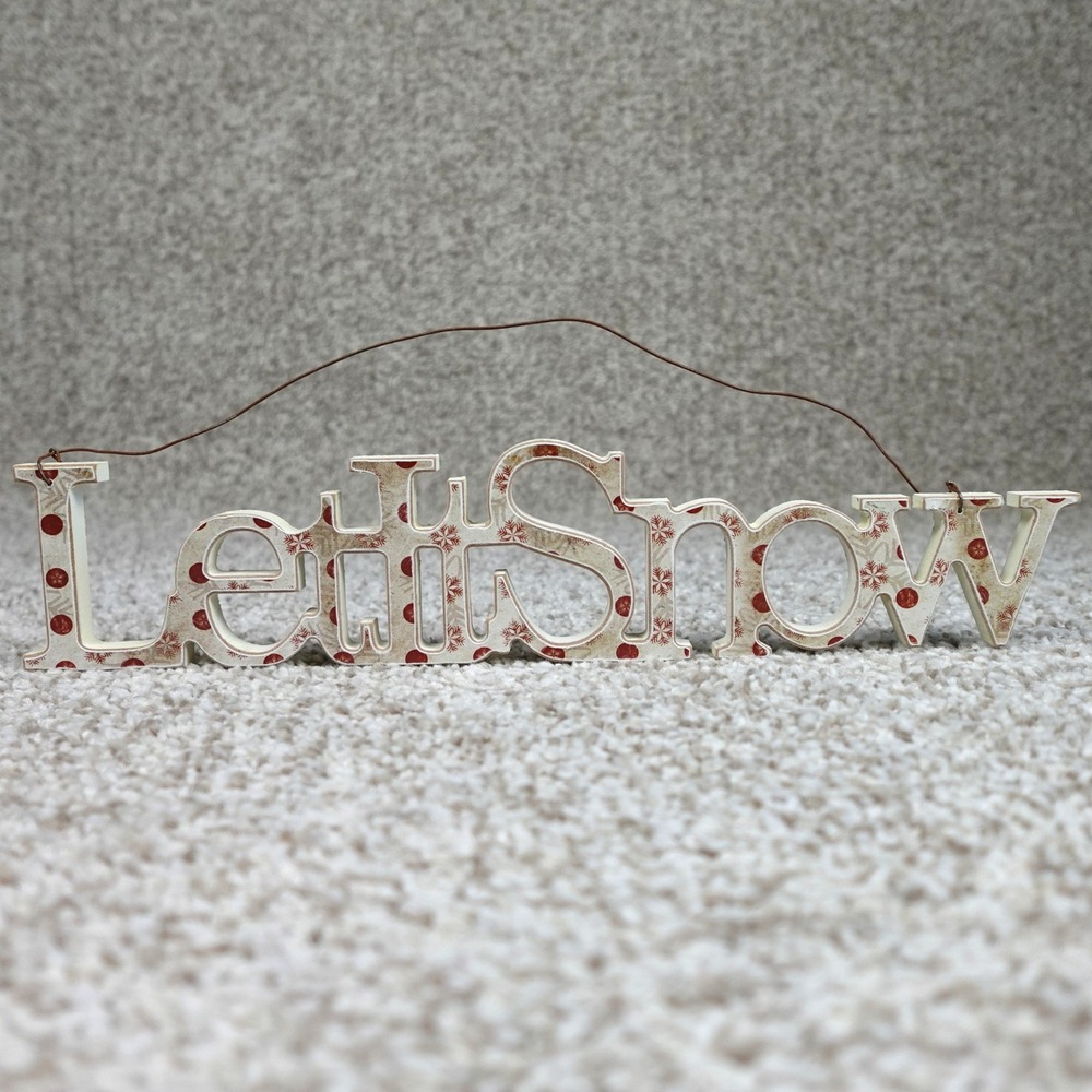 Let It Snow Wooden Hanging Wall Sign Red Snowflake Polka Dot Winter Decor 12.5in